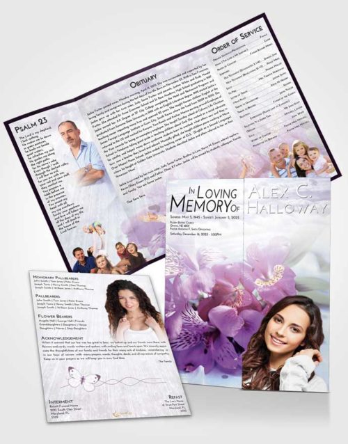 Obituary Funeral Template Gatefold Memorial Brochure Lavender Sunrise Floral Magic