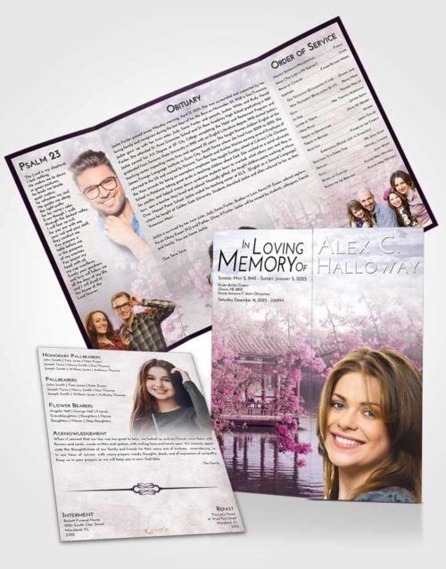 Obituary Funeral Template Gatefold Memorial Brochure Lavender Sunrise Floral Oriental