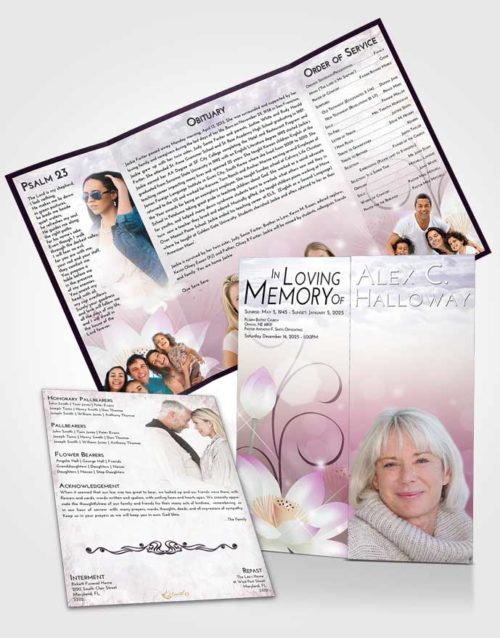 Obituary Funeral Template Gatefold Memorial Brochure Lavender Sunrise Floral Peace