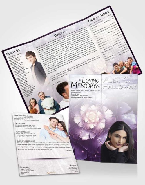 Obituary Funeral Template Gatefold Memorial Brochure Lavender Sunrise Floral Secret