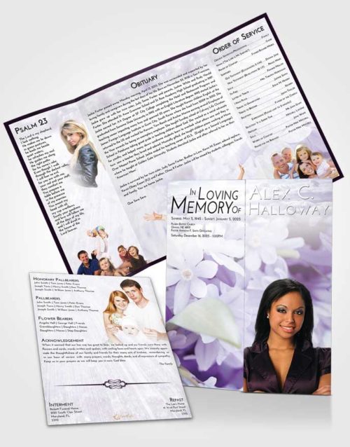 Obituary Funeral Template Gatefold Memorial Brochure Lavender Sunrise Floral Serenity