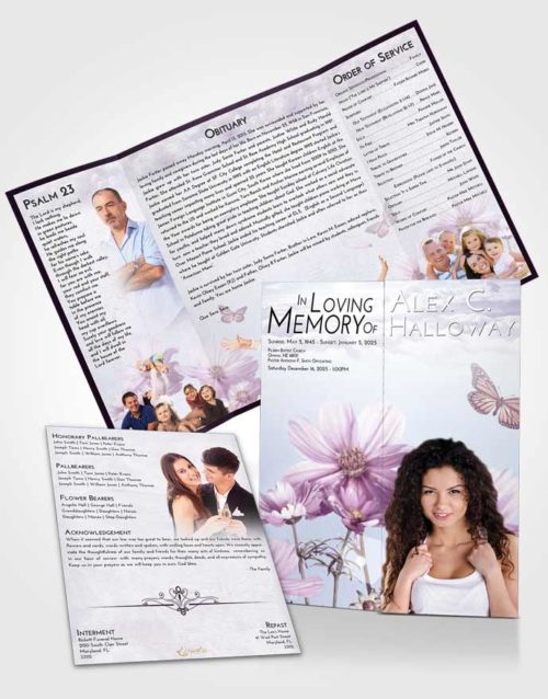 Obituary Funeral Template Gatefold Memorial Brochure Lavender Sunrise Floral Sky