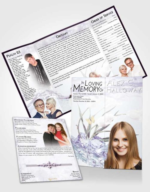 Obituary Funeral Template Gatefold Memorial Brochure Lavender Sunrise Floral Wave
