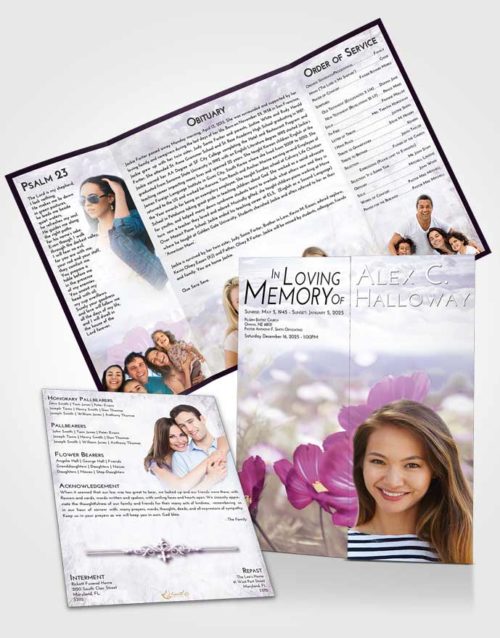 Obituary Funeral Template Gatefold Memorial Brochure Lavender Sunrise Floral Whispers