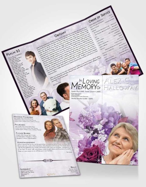 Obituary Funeral Template Gatefold Memorial Brochure Lavender Sunrise Floral Wonderland