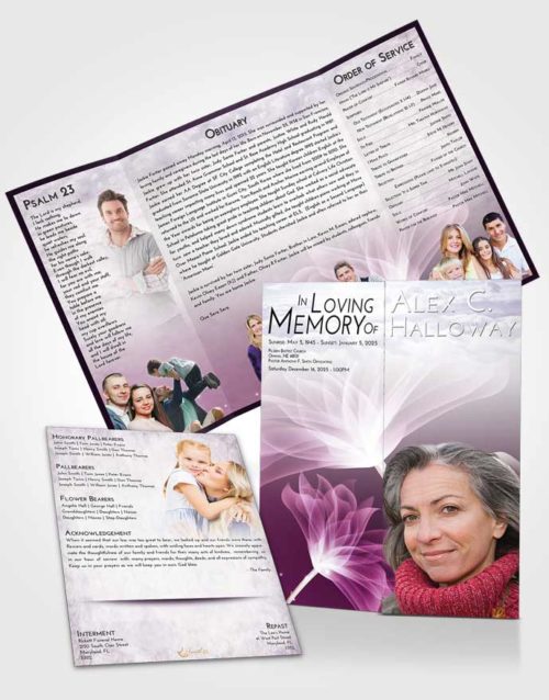 Obituary Funeral Template Gatefold Memorial Brochure Lavender Sunrise Flower Peace