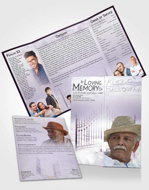 Obituary Funeral Template Gatefold Memorial Brochure Lavender Sunrise Gates to Heaven