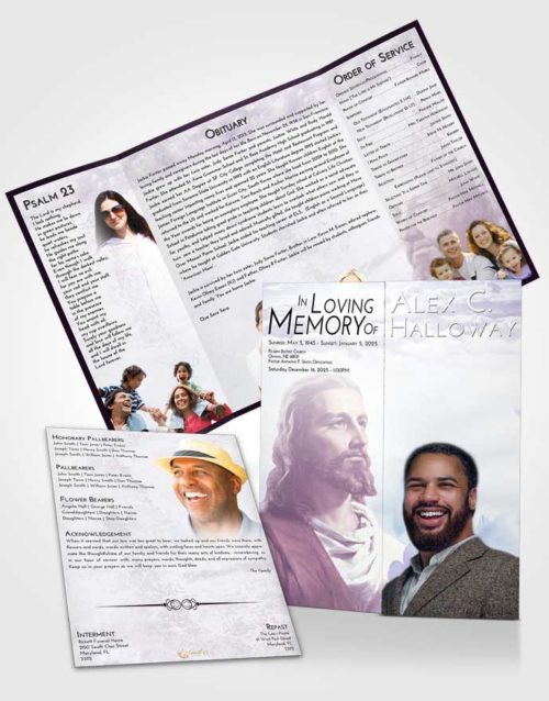 Obituary Funeral Template Gatefold Memorial Brochure Lavender Sunrise Gaze of Jesus
