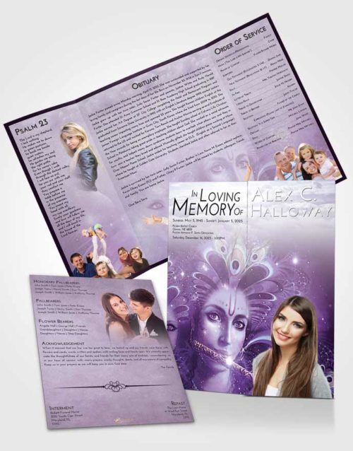 Obituary Funeral Template Gatefold Memorial Brochure Lavender Sunrise Hindu Desire