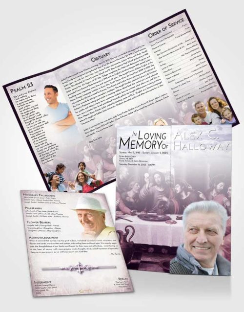 Obituary Funeral Template Gatefold Memorial Brochure Lavender Sunrise Jesus Last Supper