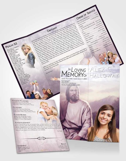 Obituary Funeral Template Gatefold Memorial Brochure Lavender Sunrise Jesus Prayers