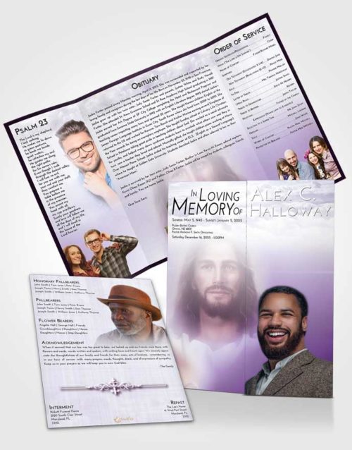 Obituary Funeral Template Gatefold Memorial Brochure Lavender Sunrise Jesus in Heaven