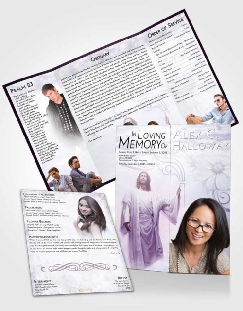 Obituary Funeral Template Gatefold Memorial Brochure Lavender Sunrise Jesus in the Clouds