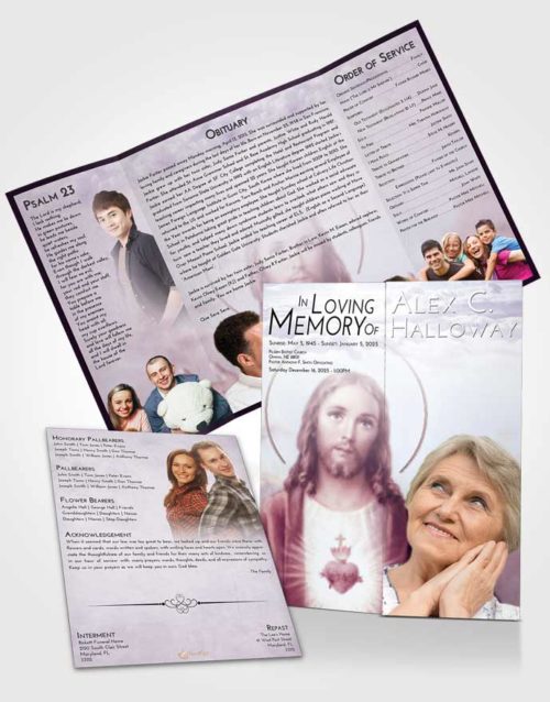 Obituary Funeral Template Gatefold Memorial Brochure Lavender Sunrise Jesus our Lord