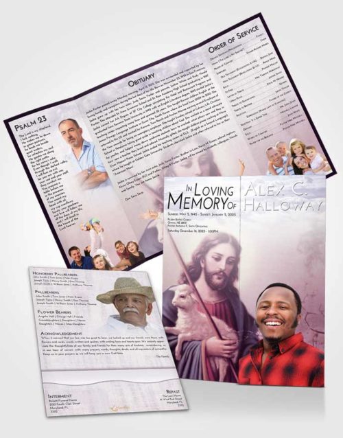 Obituary Funeral Template Gatefold Memorial Brochure Lavender Sunrise Jesus the Savior