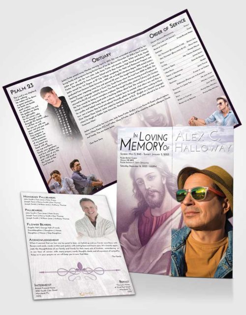 Obituary Funeral Template Gatefold Memorial Brochure Lavender Sunrise Life of Jesus
