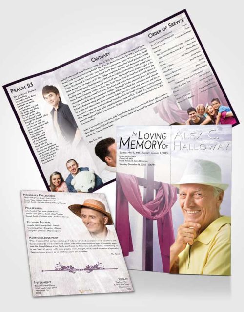 Obituary Funeral Template Gatefold Memorial Brochure Lavender Sunrise Loving Cross