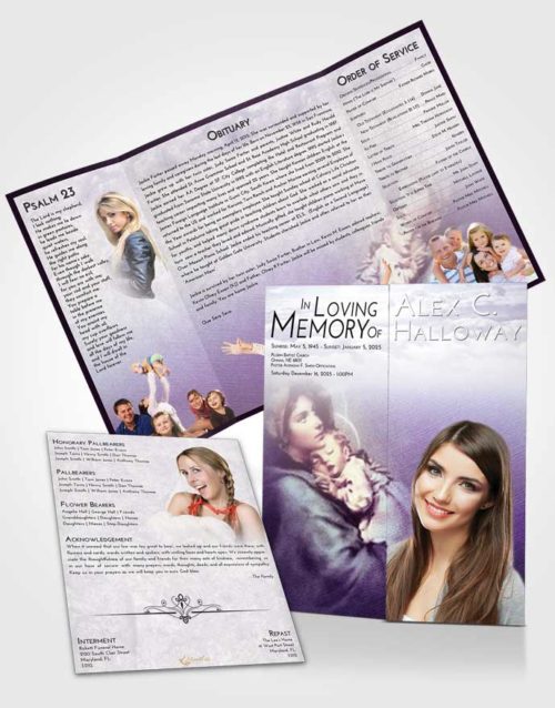 Obituary Funeral Template Gatefold Memorial Brochure Lavender Sunrise Mary and Jesus