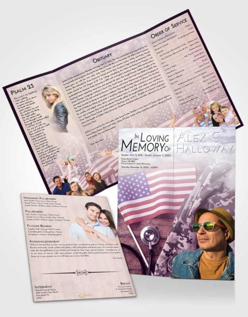 Obituary Funeral Template Gatefold Memorial Brochure Lavender Sunrise Military Medical