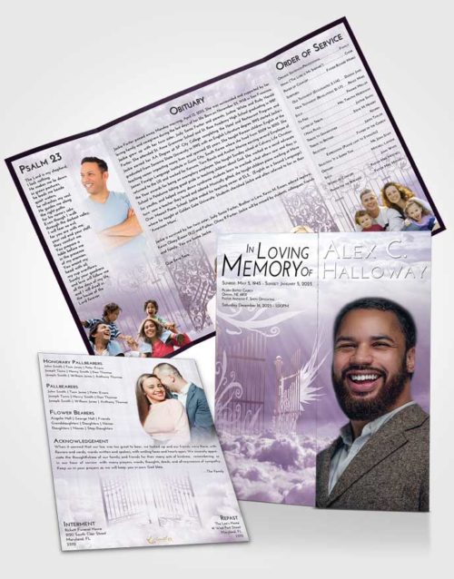 Obituary Funeral Template Gatefold Memorial Brochure Lavender Sunrise Precious Gates to Heaven