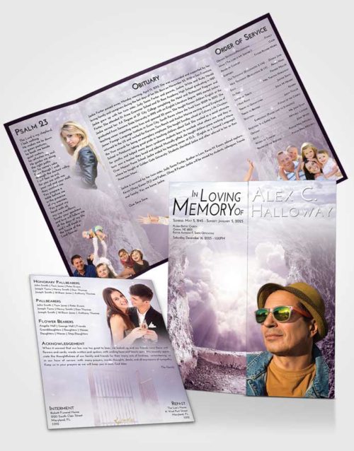 Obituary Funeral Template Gatefold Memorial Brochure Lavender Sunrise Rocky Gates to Heaven