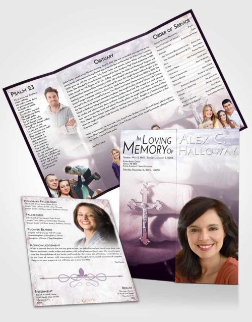 Obituary Funeral Template Gatefold Memorial Brochure Lavender Sunrise Rosary Honor
