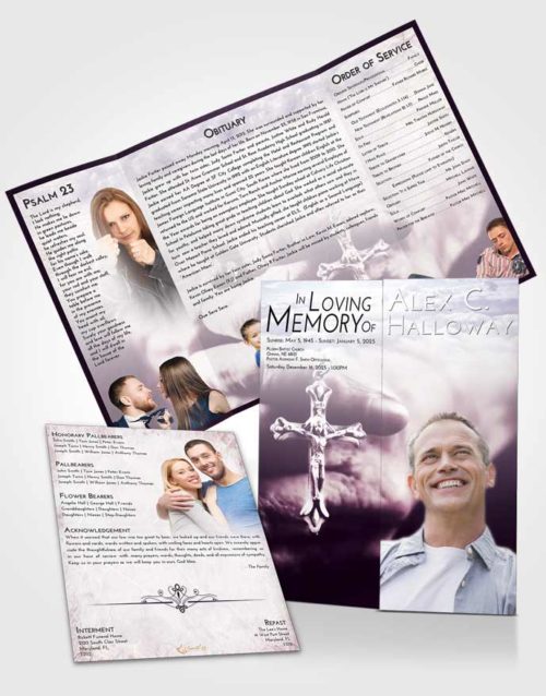 Obituary Funeral Template Gatefold Memorial Brochure Lavender Sunrise Rosary Life
