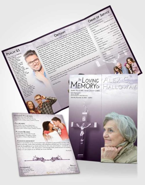 Obituary Funeral Template Gatefold Memorial Brochure Lavender Sunrise Rosary Love