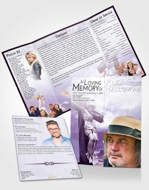 Obituary Funeral Template Gatefold Memorial Brochure Lavender Sunrise Spiritual Cross