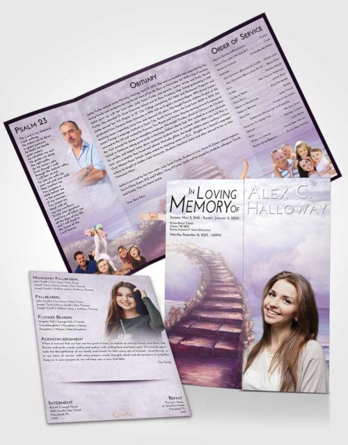 Obituary Funeral Template Gatefold Memorial Brochure Lavender Sunrise Stairway Above