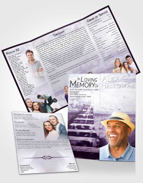Obituary Funeral Template Gatefold Memorial Brochure Lavender Sunrise Stairway for the Soul