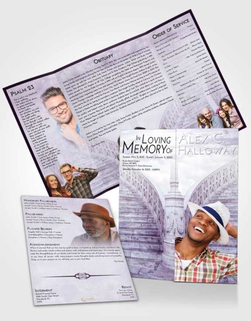 Obituary Funeral Template Gatefold Memorial Brochure Lavender Sunrise Stairway of Love