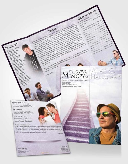Obituary Funeral Template Gatefold Memorial Brochure Lavender Sunrise Stairway to Bliss