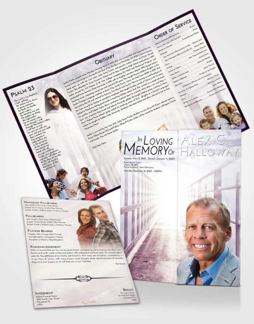 Obituary Funeral Template Gatefold Memorial Brochure Lavender Sunrise Stairway to Faith