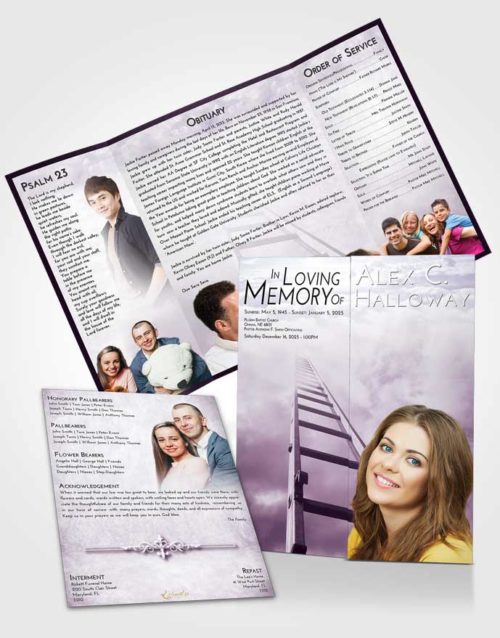 Obituary Funeral Template Gatefold Memorial Brochure Lavender Sunrise Stairway to Forever