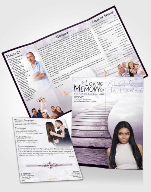 Obituary Funeral Template Gatefold Memorial Brochure Lavender Sunrise Stairway to Life