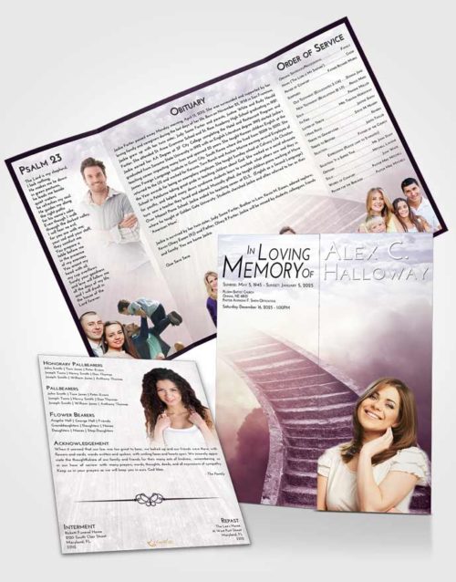 Obituary Funeral Template Gatefold Memorial Brochure Lavender Sunrise Stairway to Magnificence