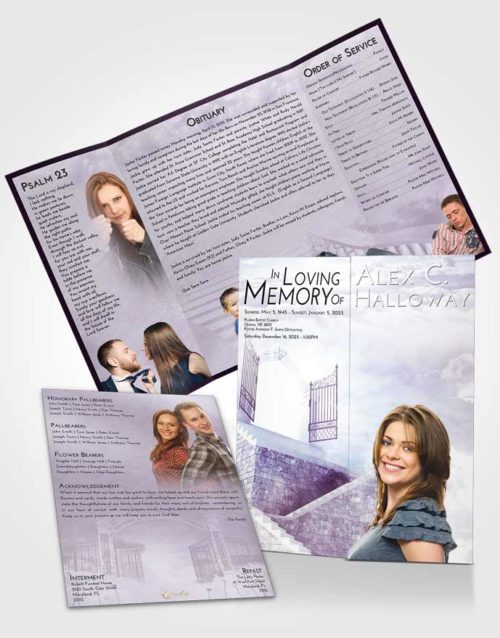 Obituary Funeral Template Gatefold Memorial Brochure Lavender Sunrise Stairway to the Gates of Heaven