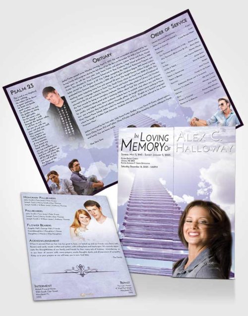 Obituary Funeral Template Gatefold Memorial Brochure Lavender Sunrise Steps to Heaven