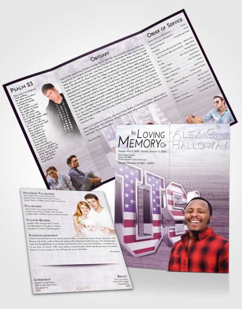 Obituary Funeral Template Gatefold Memorial Brochure Lavender Sunrise USA