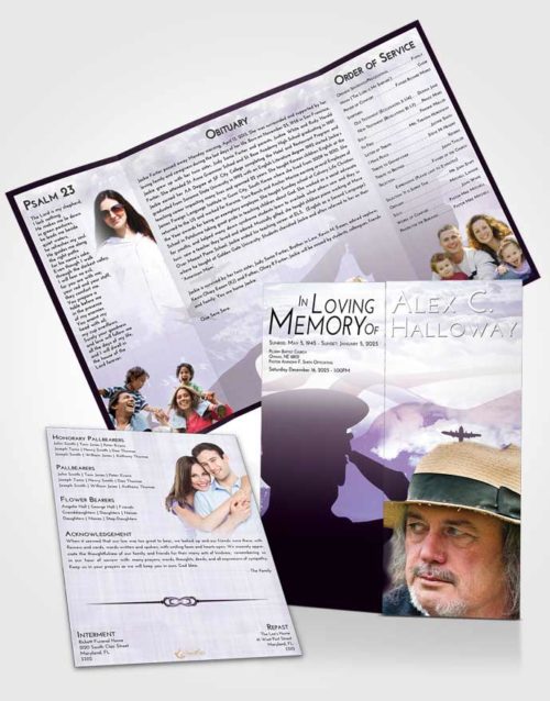 Obituary Funeral Template Gatefold Memorial Brochure Lavender Sunrise Veterans Sacrifice