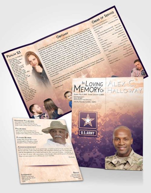 Obituary Funeral Template Gatefold Memorial Brochure Lavender Sunset Army Duty