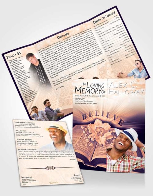 Obituary Funeral Template Gatefold Memorial Brochure Lavender Sunset Bible Belief