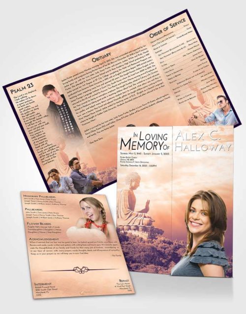 Obituary Funeral Template Gatefold Memorial Brochure Lavender Sunset Buddha Surprise