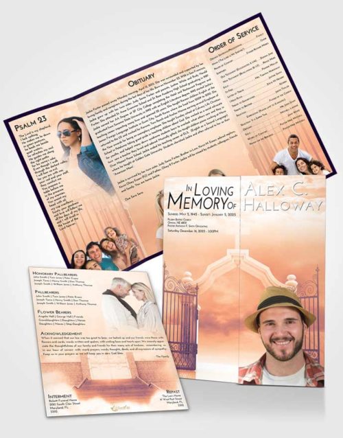 Obituary Funeral Template Gatefold Memorial Brochure Lavender Sunset Clear Gates For Heaven