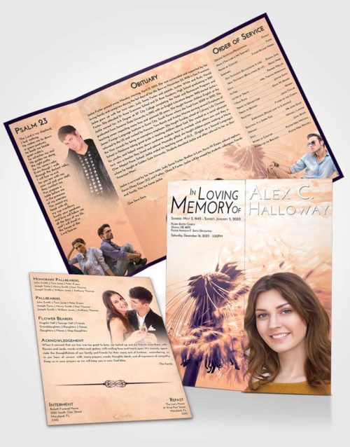 Obituary Funeral Template Gatefold Memorial Brochure Lavender Sunset Dandelion Dream