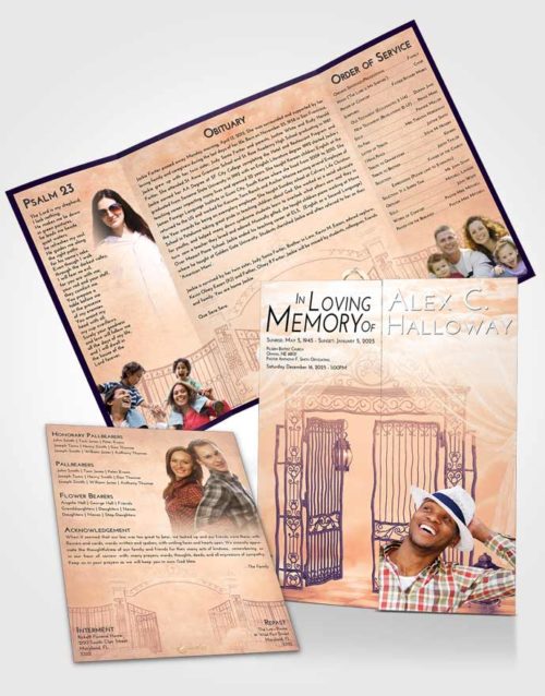 Obituary Funeral Template Gatefold Memorial Brochure Lavender Sunset Dreamy Gates to Heaven
