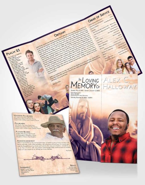 Obituary Funeral Template Gatefold Memorial Brochure Lavender Sunset Faith in Jesus