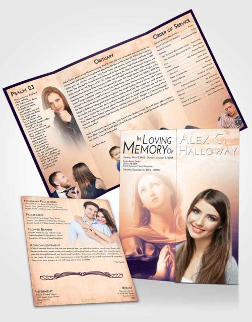 Obituary Funeral Template Gatefold Memorial Brochure Lavender Sunset Faith in Mary