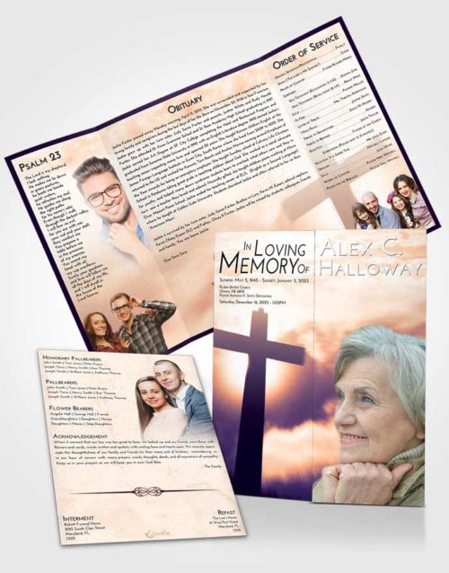 Obituary Funeral Template Gatefold Memorial Brochure Lavender Sunset Faith in the Cross